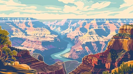 An illustrated view of the Grand Canyon with a river flowing through it.