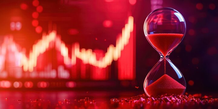 A glass hourglass with sand in it is placed on a red background