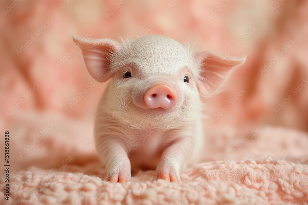 Aufkleber cute piglet resting on soft blanket with gentle expression in a cozy indoor setting