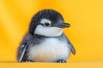 Naklejka premium Cute baby penguin standing against a bright yellow background, showcasing its fluffy feathers and curious expression