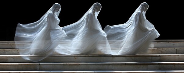 Three ethereal figures in flowing white gowns ascend a marble staircase.  Motion blur creates a dreamlike, ghostly effect, suggesting grace, mystery, and the passage of time.