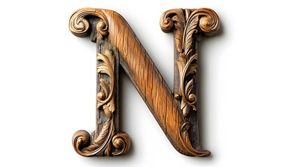 Embossed Wooden Letter N: A beautifully crafted, intricately embossed wooden letter N casts a shadow, showcasing detailed artistry and timeless elegance.