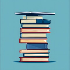 Tall Stack of Colorful Books on Teal Background