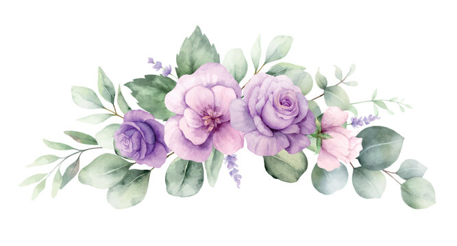 Watercolor vector wreath with green eucalyptus leaves and violet flowers. Greenery clipart for wedding invitation, greeting cards, save the date, stationery design. Hand drawn illustration.