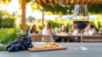 Naklejka premium Local Brewery Beer & Wine Concept, Scenic Outdoor Seating Area at Vineyard with Wine Glass, Grapes, and Cheese Board for Patrons to Enjoy