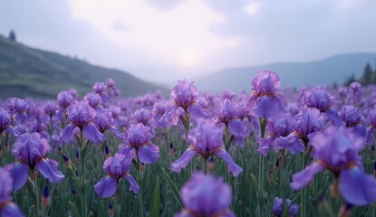 Fototapeta premium Field of purple irises under a cloudy sky and their elegant petals catching the light