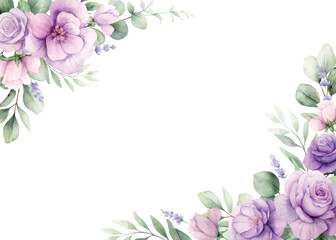 Watercolor vector corner border frame. Green eucalyptus leaves and purple flowers. Greenery clipart for wedding invitation, greeting cards, save the date, stationery design. Hand drawn illustration.