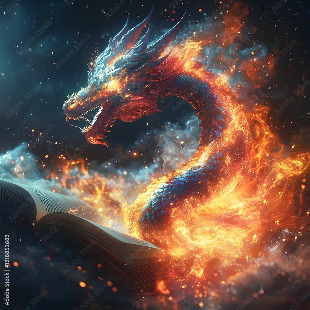 Poster cosmic dragon spiraling out of enchanting open book pages glowing scales lighting up dark void like 