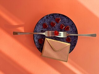 Festive table setting for Valentines Day on table background. High quality photo