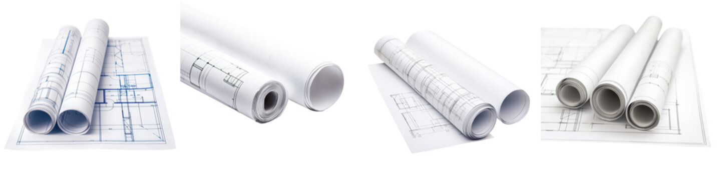 Architectural blueprints engineering plans and technical drawings on desk for construction building design and infrastructure development projects
