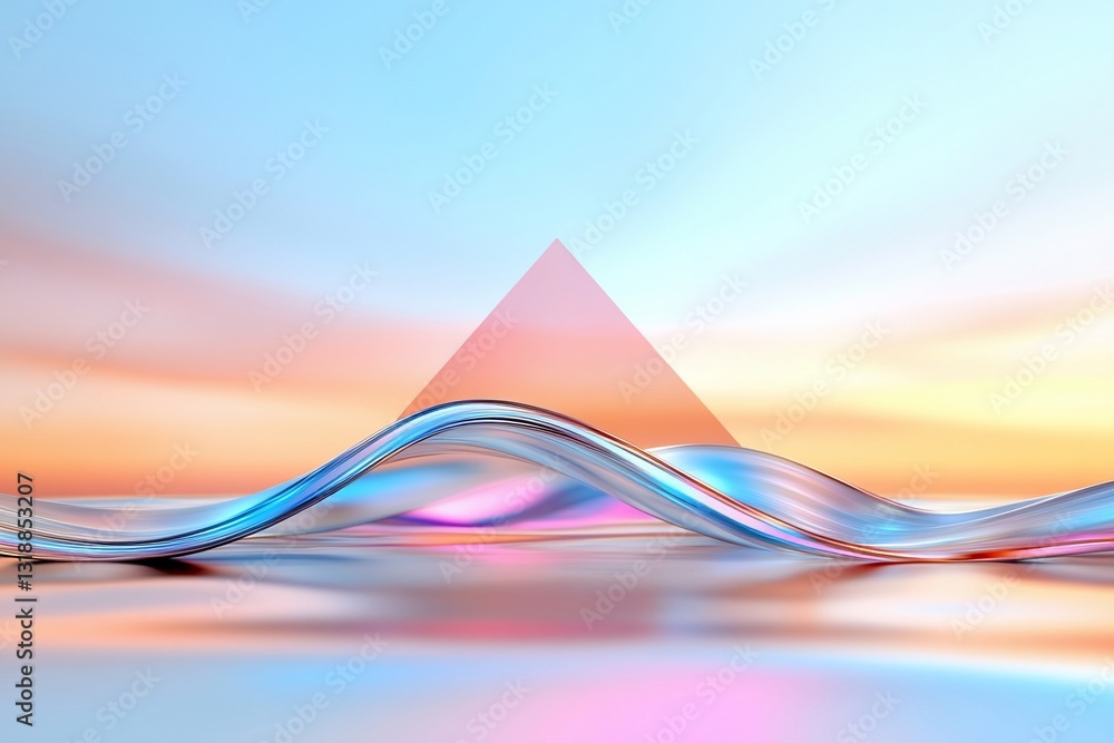Poster abstract wave of liquid material with a pyramid in soft light background