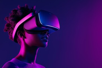 African-American woman wearing virtual reality glasses on purple gradient background side view with copy space.