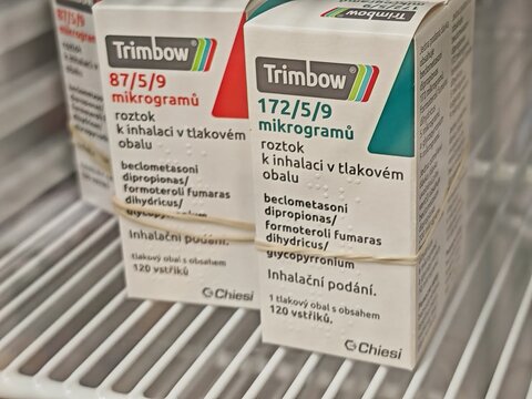 Prague,Czech Republic-January 8 2025: Trimbow by Chiesi is a triple-combination inhaler containing Beclometasone, Formoterol, and Glycopyrronium, used for managing COPD and asthma.

