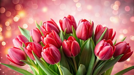Obraz premium Vibrant red tulips burst against a soft pink backdrop, a stunning spring floral landscape.