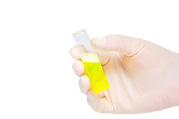 Gloved hand holding test tube with yellow liquid on isolated white background. Close up of gloved hand with yellow filled glass test tube. Science, experiment, research and laboratory concept