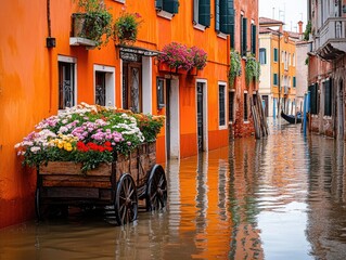 Street scene showing flooded Venetian canals, impacting tourism and local businesses. Houses are surrounded by water.