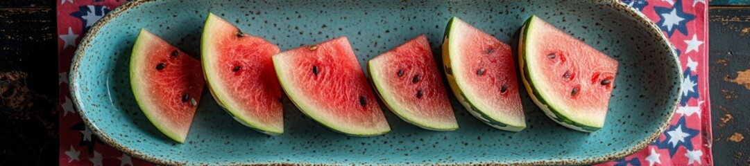 Watermelon slices artfully arranged in a blue plate with American-themed tablecloth. Generative AI