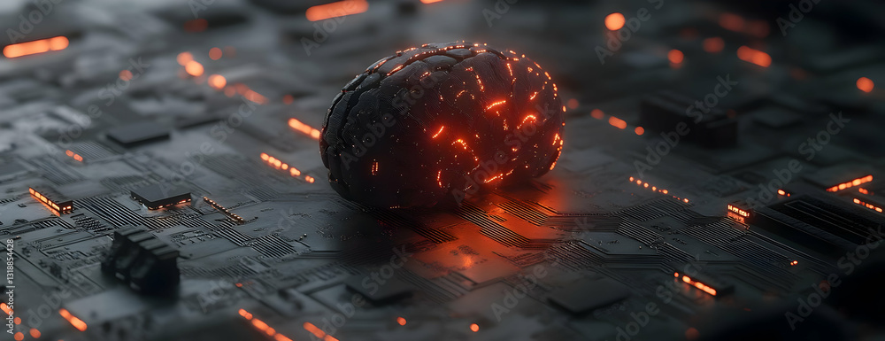 Poster glowing brain on circuit board; ai