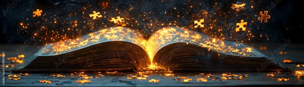 Poster glowing puzzle pieces emerging from pages of open book symbolizing discovery and interconnected idea