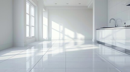 Fototapeta premium A clean, white, empty room with a large window and a kitchen area in the back.