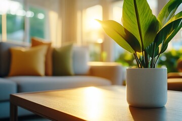 Potted plant on table shines in cozy living room, sunny background, interior use