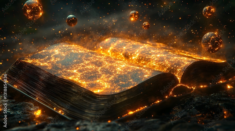 Poster surreal open book with glowing pathways and floating globes representing the boundless realm of glob