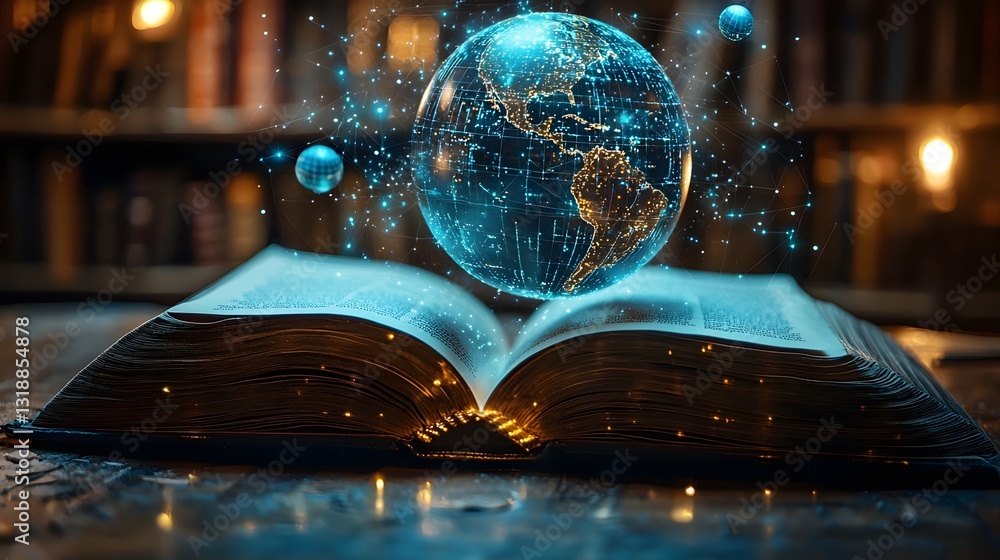 Poster surreal open book with glowing pathways connecting to floating global spheres representing worldwide