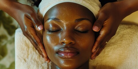 Woman receiving spa treatment with facial mask applied by therapist.