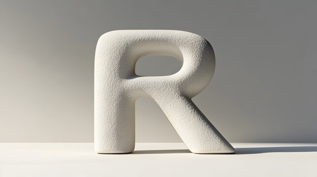 Monochromatic Sculpted Letter R: A minimalist art piece featuring the letter R in a neutral tone, highlighting its unique form and design. A study in shapes and simplicity.