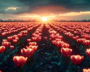 Glowing Tulip Field Illuminated by Ethereal Moonlight