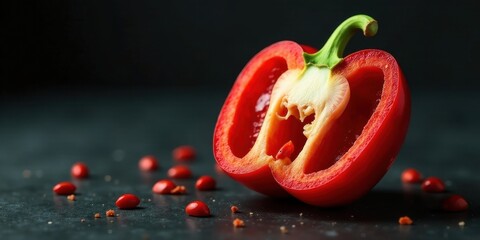A vibrant half of a red bell pepper, showcasing its juicy interior and scattered seeds on a dark surface