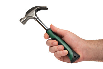 Hand holding metal hammer with green handle on isolated white background. Hammer gripped by hand, close up. Work, construction, and craftsmanship consept 