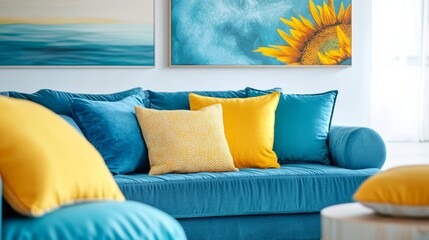 Azure Sofa & Sunflower Art: Bright Studio Interior 