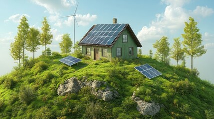 Obraz premium Eco-friendly home on a hilltop with solar panels and wind turbine