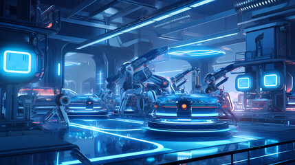 Obraz premium A futuristic robotics lab with glowing blue lights, showcasing advanced robotic arms working on sleek vehicles.