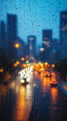 Fototapeta premium Raindrops streak down a window, creating a textured view of a bustling city street. Neon lights reflect off wet pavement as vehicles navigate through a rainy evening