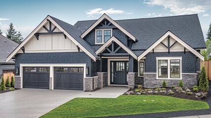 Modern Gray and Stone House Exterior with Landscaping