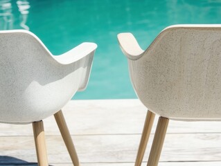 A close-up of two chairs with white arms and beige legs next to an outdoor pool. This is a product photography shot with a focus on depth, texture, and modern design. 
