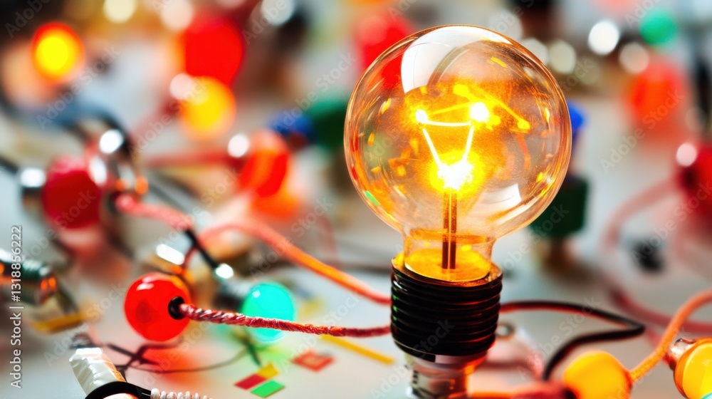 Poster vibrant light bulb illuminating a colorful array of wires and decorations in a creative workspace