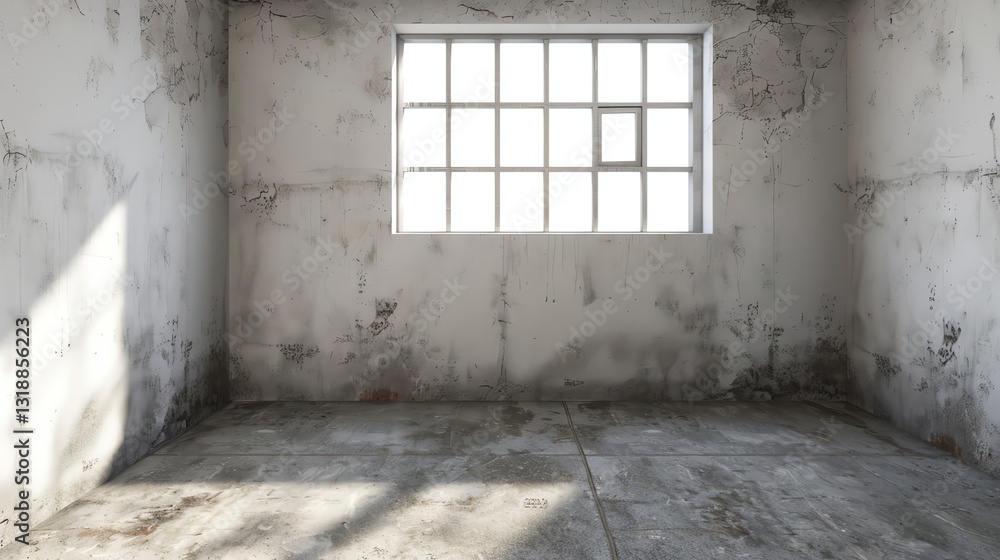 Poster an empty room with a large window and a concrete floor.