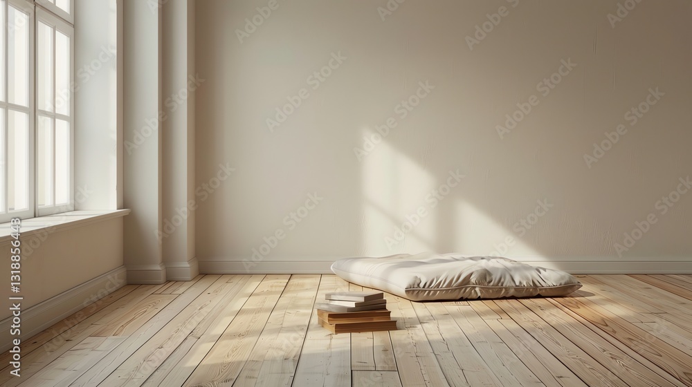 Poster a large, rectangular cushion and a stack of books lay on a wooden floor in a minimalist room.
