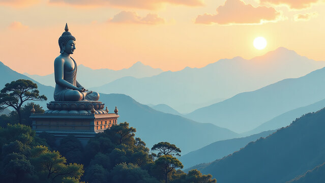 mountain scenery featuring buddha temples vesak day vector