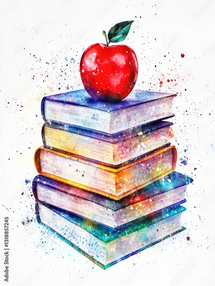Poster stack of colorful books with an apple on top.