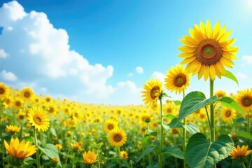 Sunflowers stretching towards the sky with a field of wildflowers, wildflowers, spring, landscape