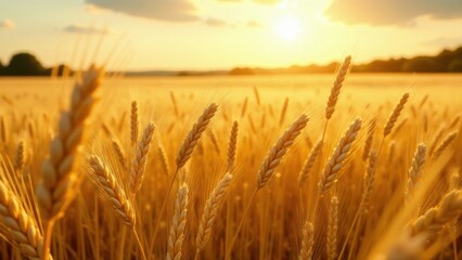 Naklejka premium Golden Wheat Field at Sunset A Serene Landscape of Ripe Grain Under a Warm Evening Sky