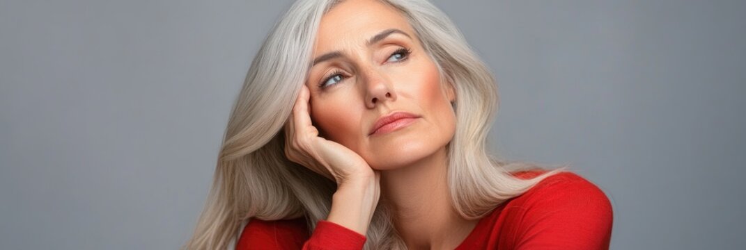 A woman looking upwards with a thoughtful expression on her face. - Powered by Adobe