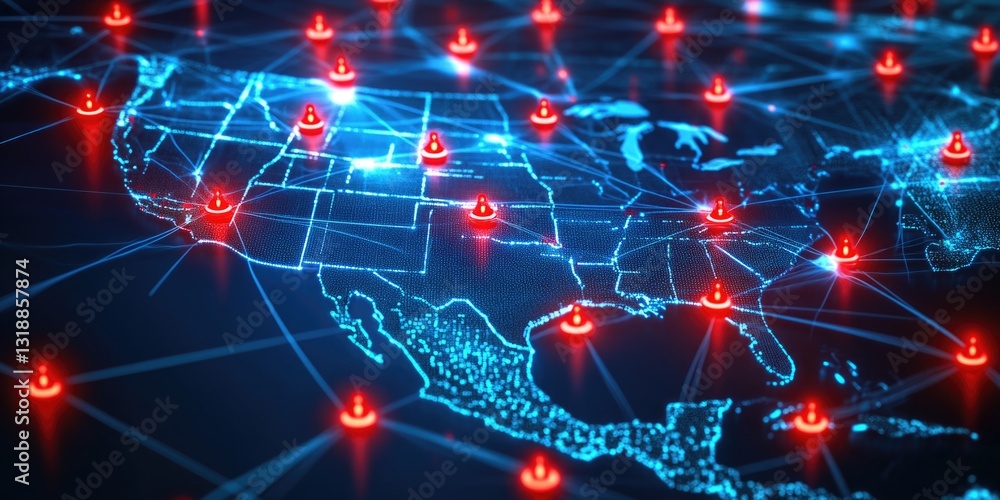 Aufkleber red and blue digital network nodes on black background representing global interconnectivity. concep