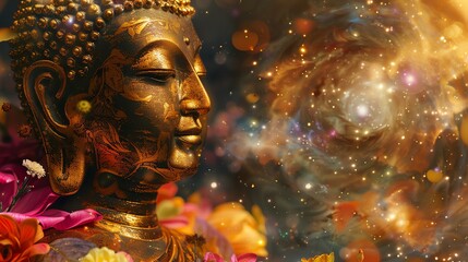 Obraz premium A golden Buddha statue with a serene expression, set against a swirling galaxy background.
