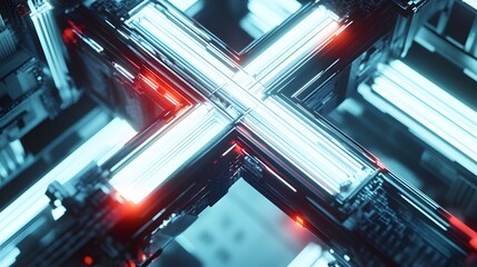 Neon Tech X: A close-up view of a glowing neon X shape, showcasing the intricate details of futuristic technology. The image glows with neon lights, creating a modern and high-tech atmosphere.