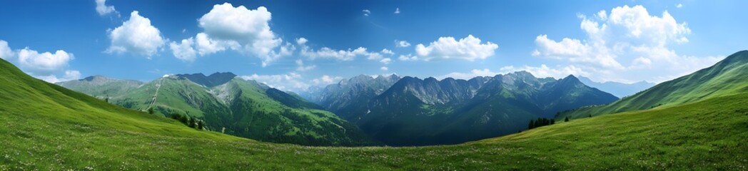 Obraz premium Panoramic photo of beautiful green mountains in the Alps, with a blue sky and white clouds. 